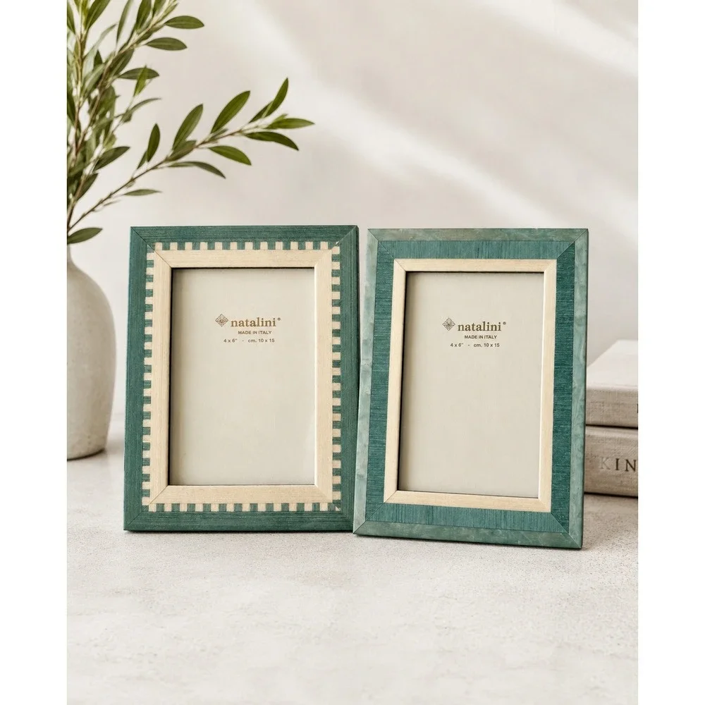 Natalini Wood Marquetry Photo Frame Set 2 Green Teal 4x6 Made in Italy Artisan